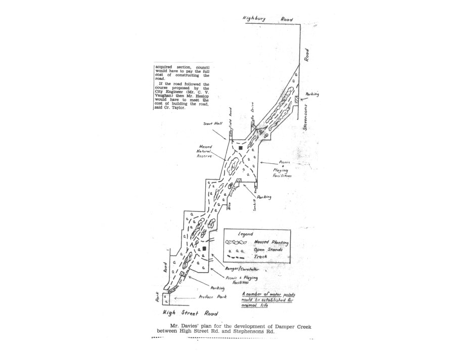 In 1968, Damper Creek and the surrounding bushland were saved from being barrel drained, road construction and residential subdivision.